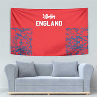 Red England tapestry with centered white “ENGLAND” and lion crest, flanked by blue speckled panels.
