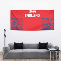 Red England hanging tapestry showing white lion crest, “ENGLAND” text, and blue speckled side areas.