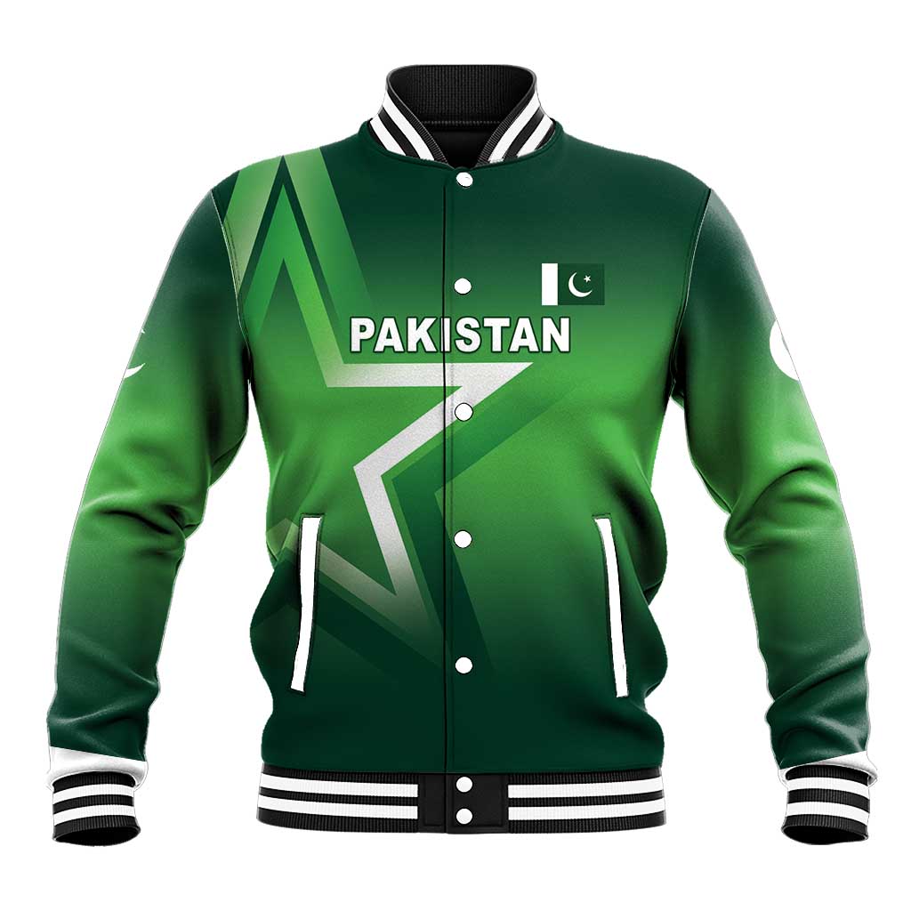 Green Pakistan baseball jacket with button front, ribbed cuffs, striped collar