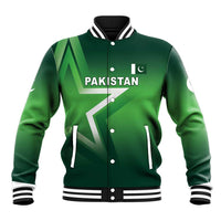 Green Pakistan baseball jacket with button front, ribbed cuffs, striped collar