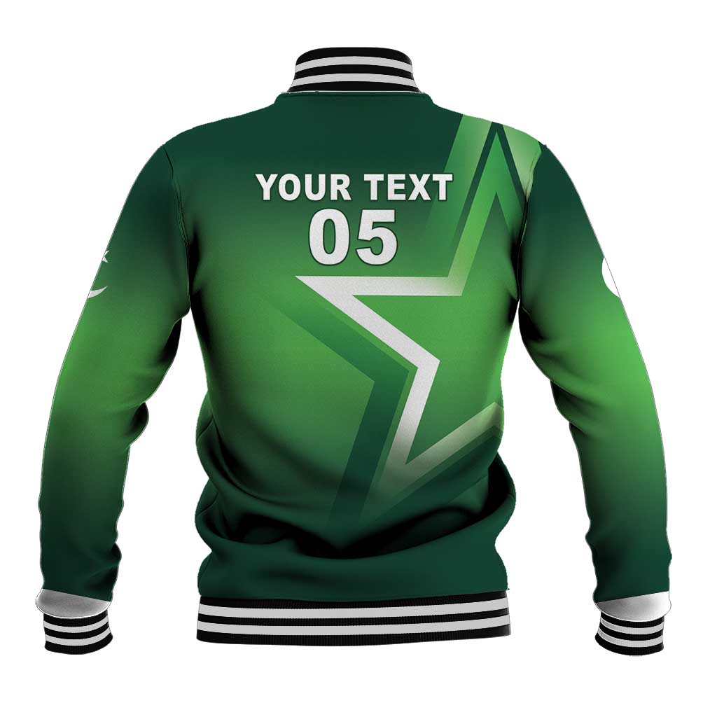 Green baseball jacket back design with 'YOUR TEXT 05', ribbed hem and cuffs