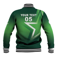 Green baseball jacket back design with 'YOUR TEXT 05', ribbed hem and cuffs