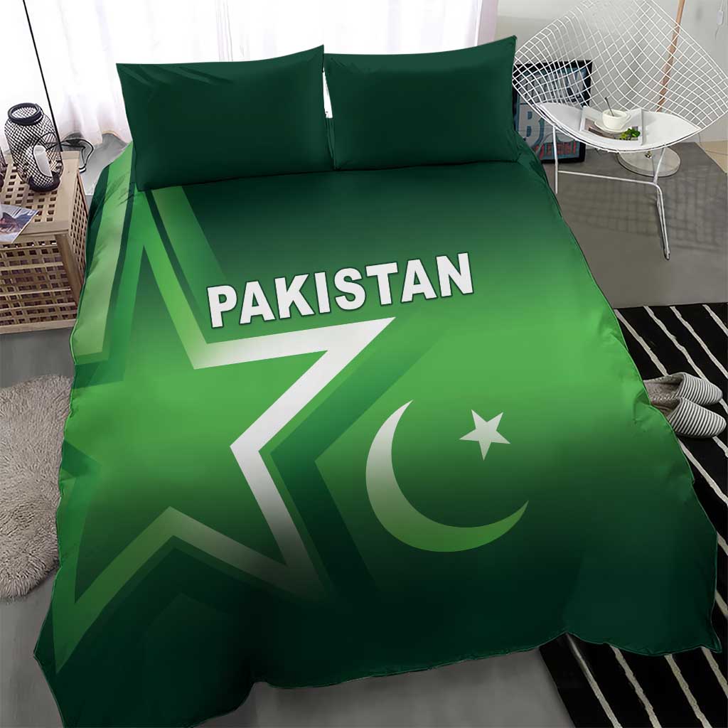 Green Pakistan duvet cover with two pillowcases, large flag emblem and Pakistan lettering