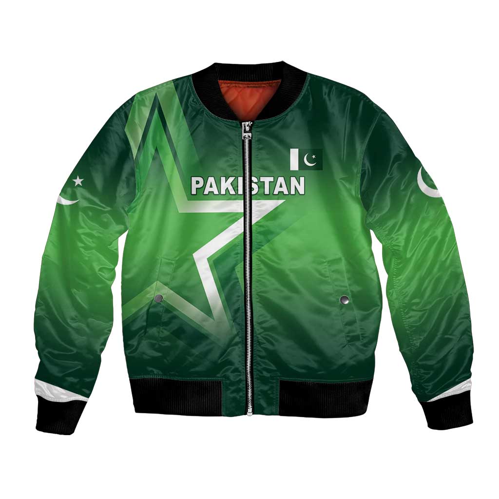 Green satin bomber jacket with front zip, black ribbed hem and cuffs, Pakistan emblem