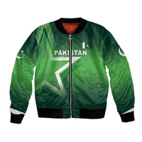 Green satin bomber jacket with front zip, black ribbed hem and cuffs, Pakistan emblem