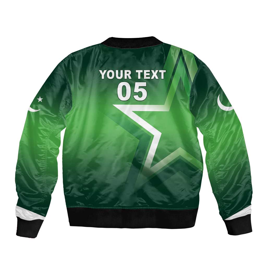 Green satin bomber jacket with '05' and star graphic on back, black ribbed cuffs