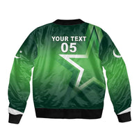 Green satin bomber jacket with '05' and star graphic on back, black ribbed cuffs