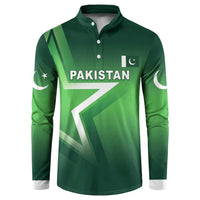 Green long-sleeve button sweatshirt with Pakistan crest and crescent moon on chest