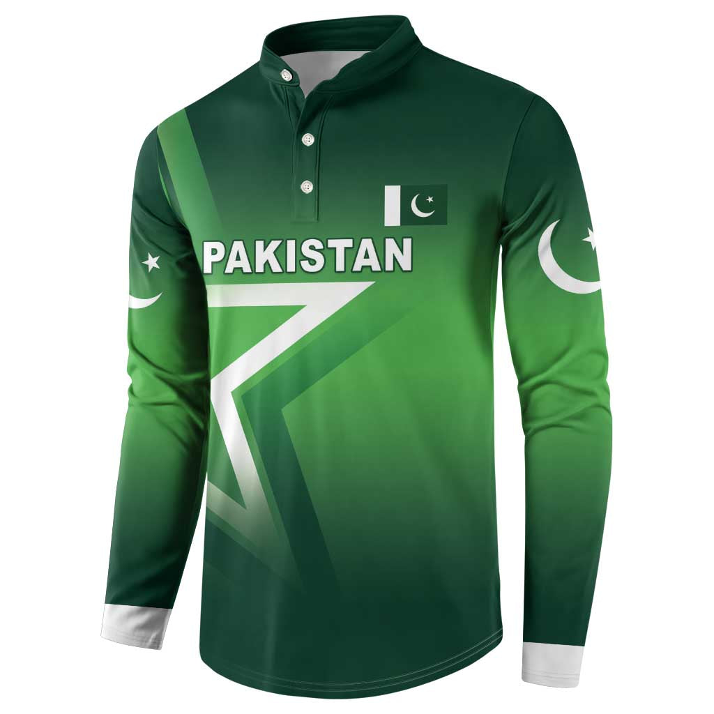 Green long-sleeve button sweatshirt with Pakistan text, crescent, and star logos