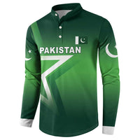 Green long-sleeve button sweatshirt with Pakistan text, crescent, and star logos