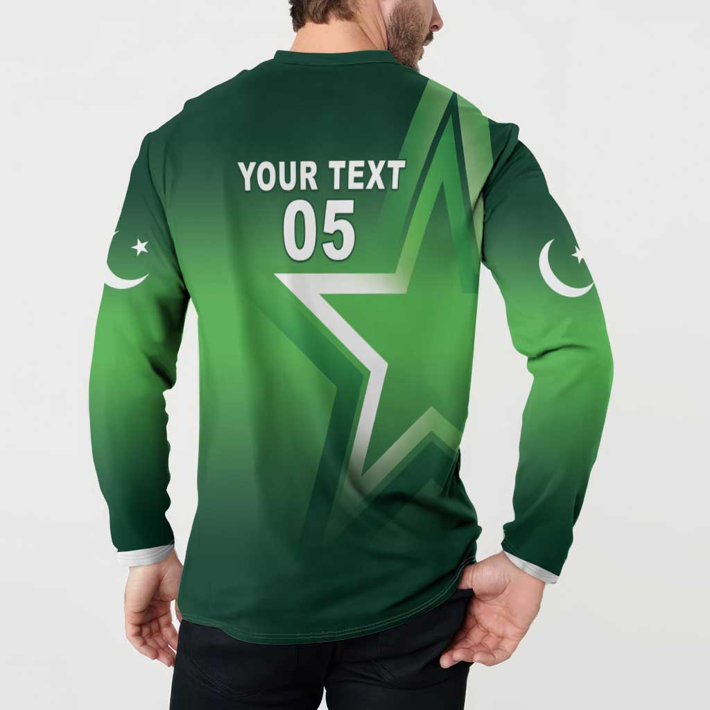Green long-sleeve button sweatshirt back with YOUR TEXT 05 and star graphics