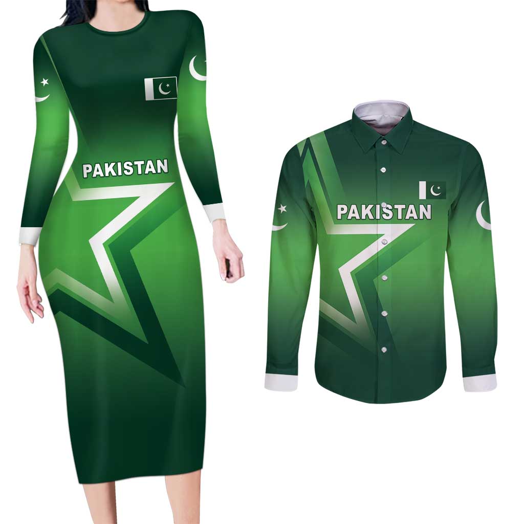 Custom Pakistan Cricket Couples Matching Long Sleeve Bodycon Dress and Long Sleeve Button Shirt Go Champions Shaheens LT05 - Wonder Print Shop