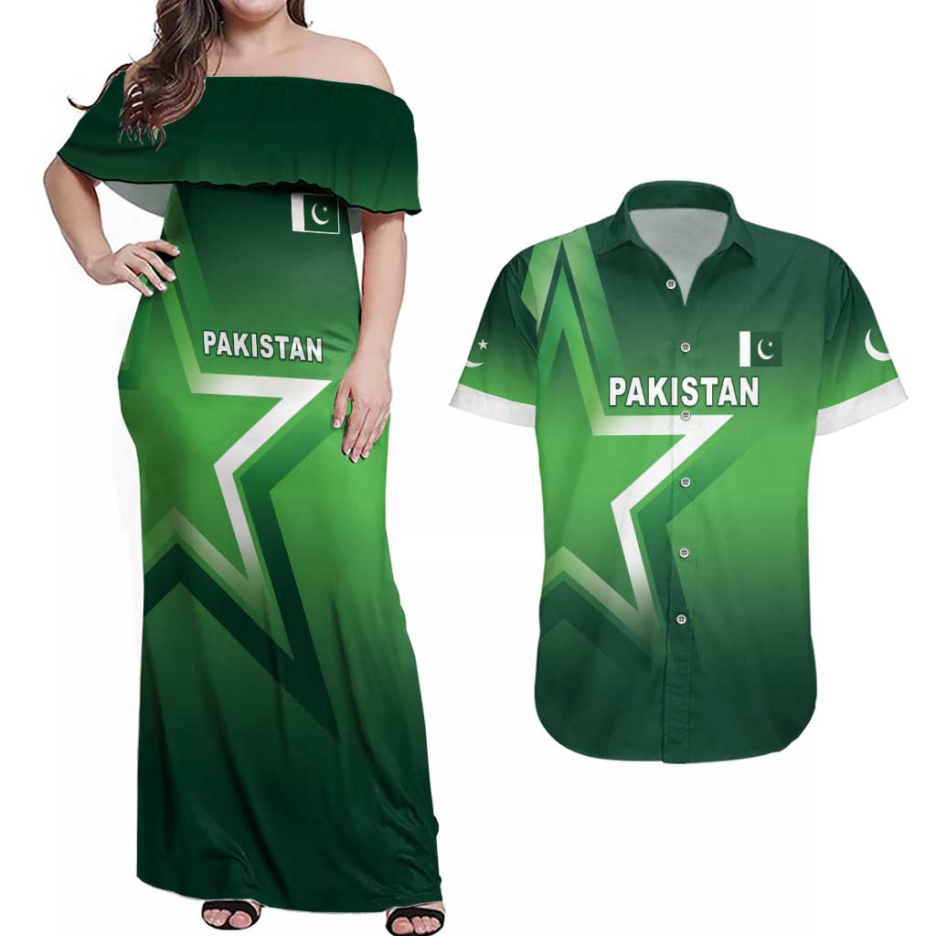 Custom Pakistan Cricket Couples Matching Off Shoulder Maxi Dress and Hawaiian Shirt Go Champions Shaheens LT05 - Wonder Print Shop