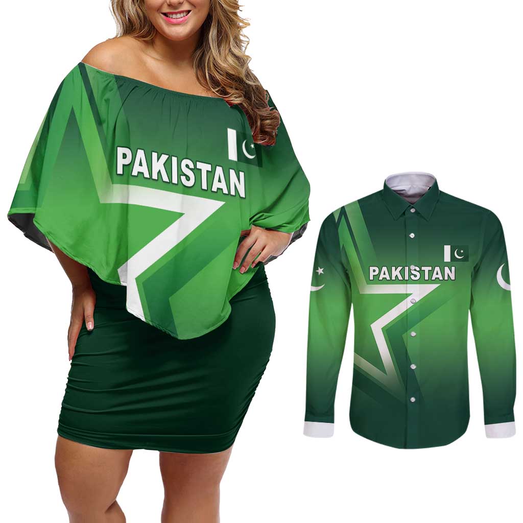 Custom Pakistan Cricket Couples Matching Off Shoulder Short Dress and Long Sleeve Button Shirt Go Champions Shaheens LT05 - Wonder Print Shop