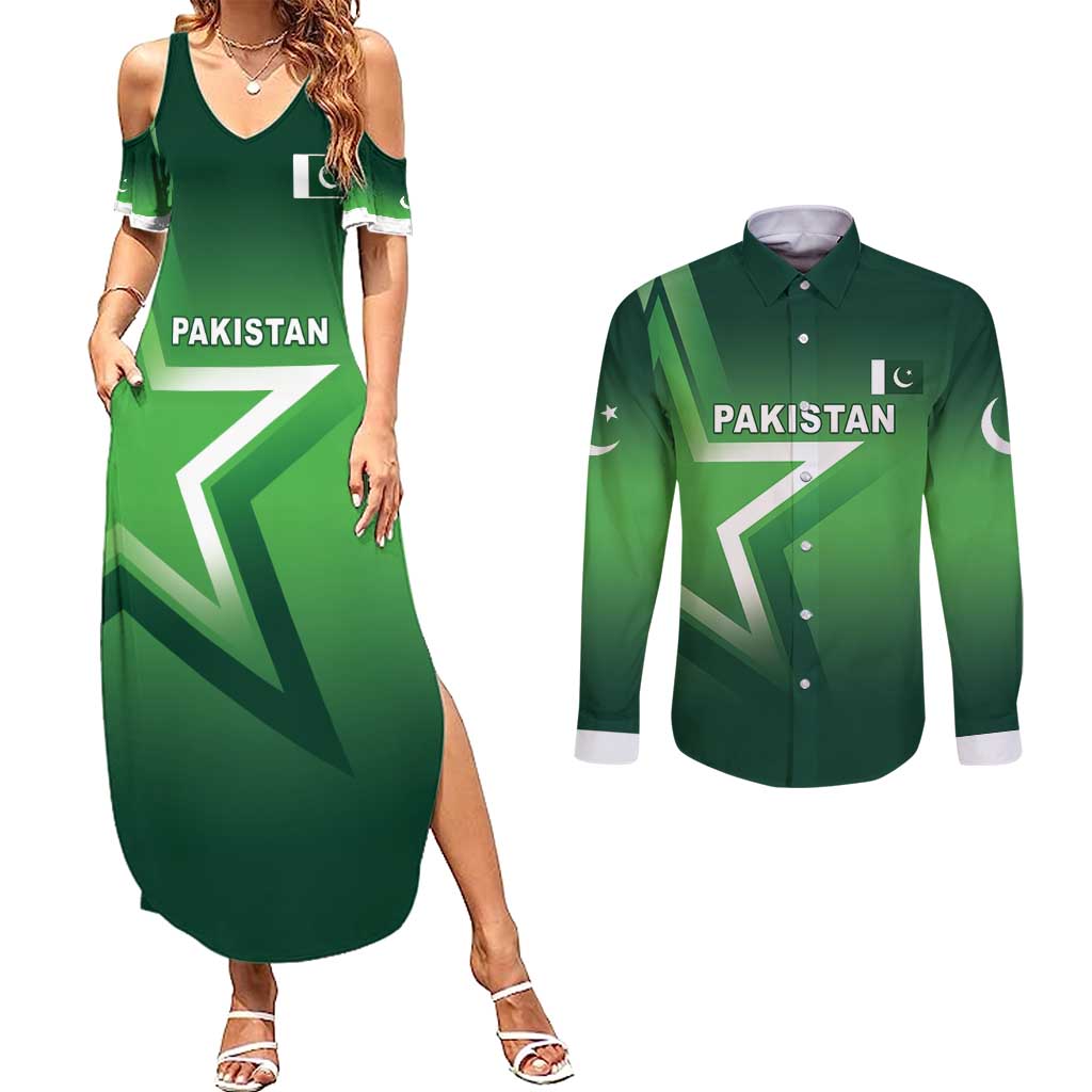 Custom Pakistan Cricket Couples Matching Summer Maxi Dress and Long Sleeve Button Shirt Go Champions Shaheens LT05 - Wonder Print Shop