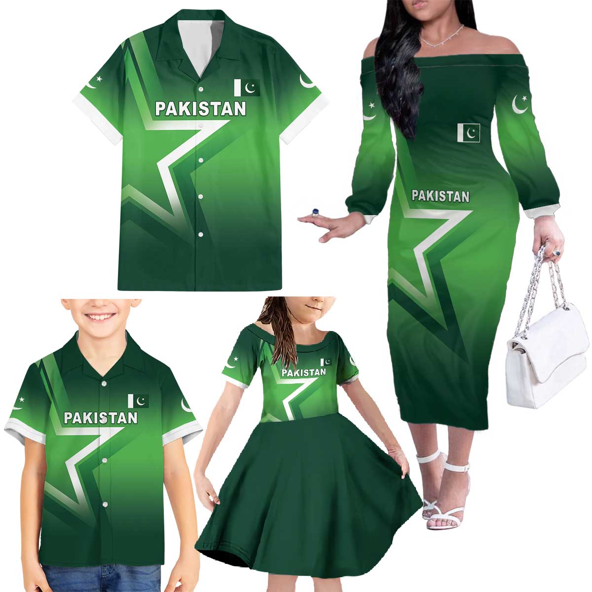 Custom Pakistan Cricket Family Matching Off The Shoulder Long Sleeve Dress and Hawaiian Shirt Go Champions Shaheens LT05 - Wonder Print Shop