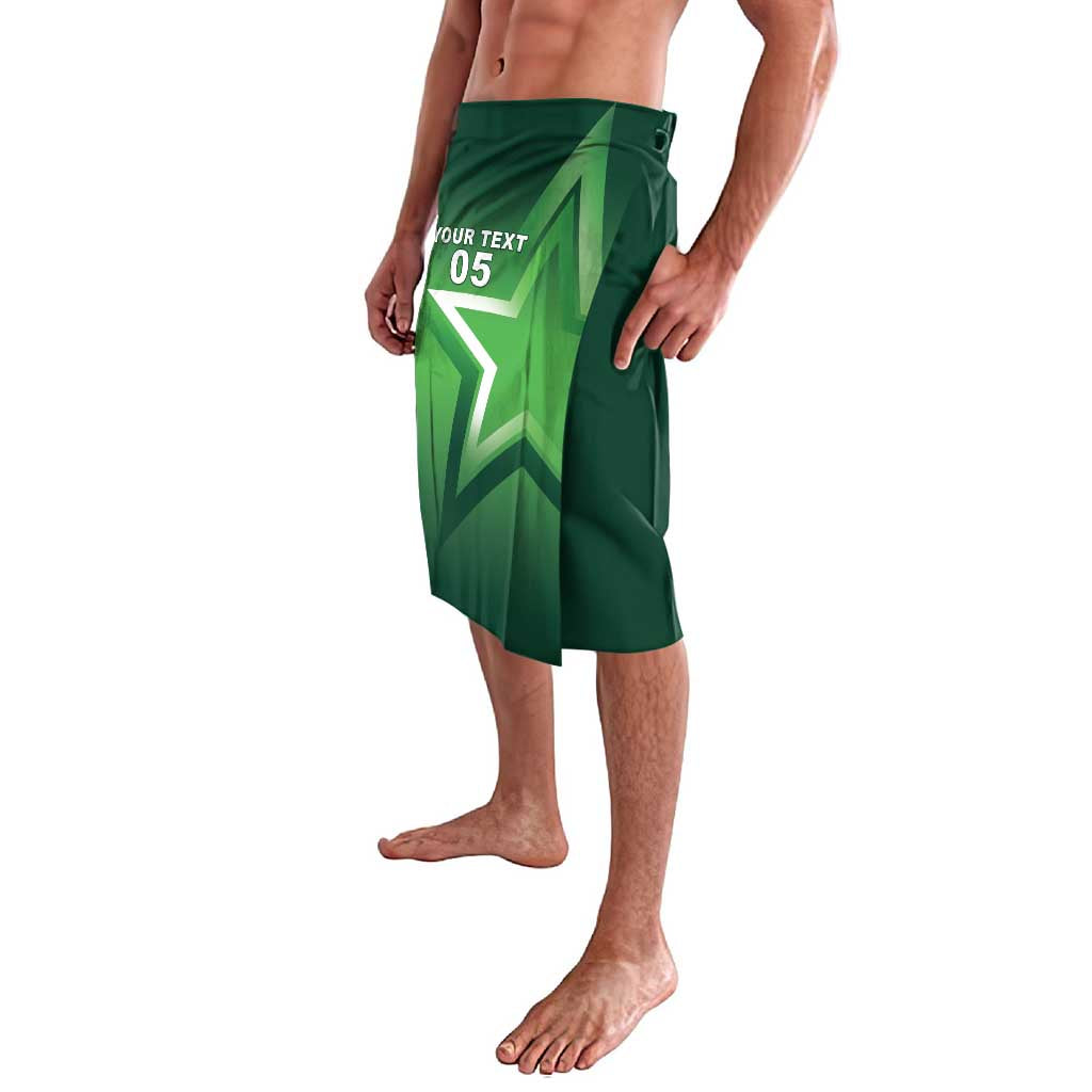 Green lavalava skirt, side view showing star graphic panel and text 05