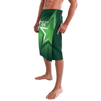 Green lavalava skirt, side view showing star graphic panel and text 05