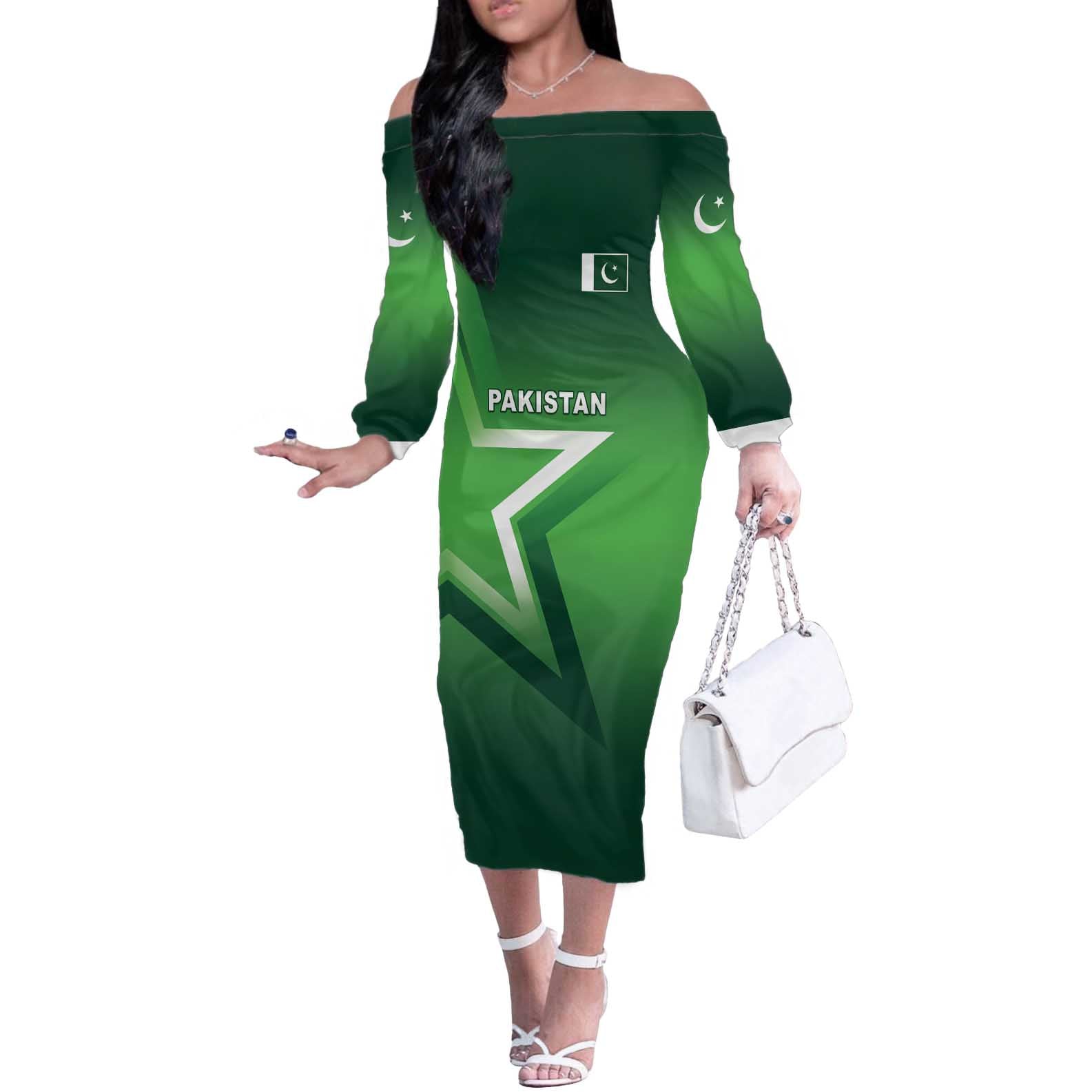 Custom Pakistan Cricket Off The Shoulder Long Sleeve Dress Go Champions Shaheens LT05 - Wonder Print Shop