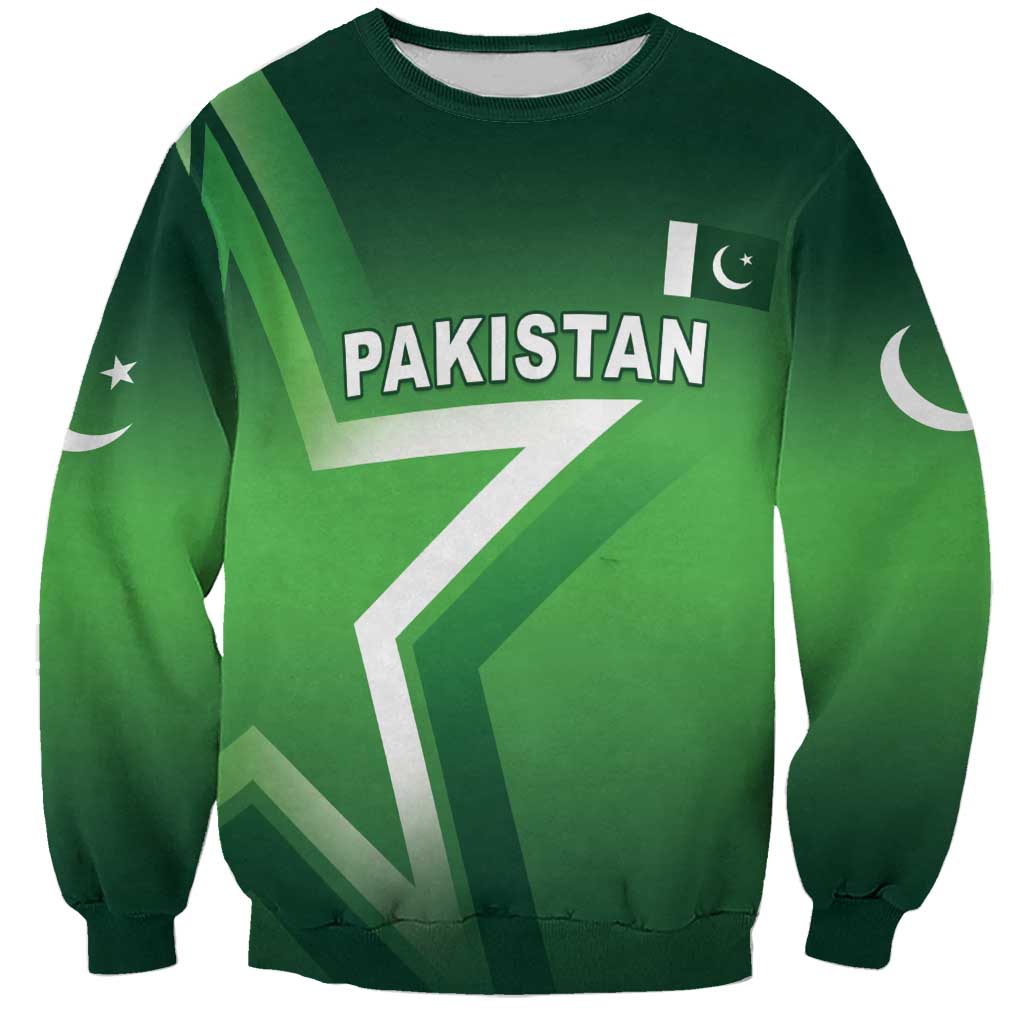 Green unisex sweatshirt with Pakistan text and star crescent graphic, crew neck