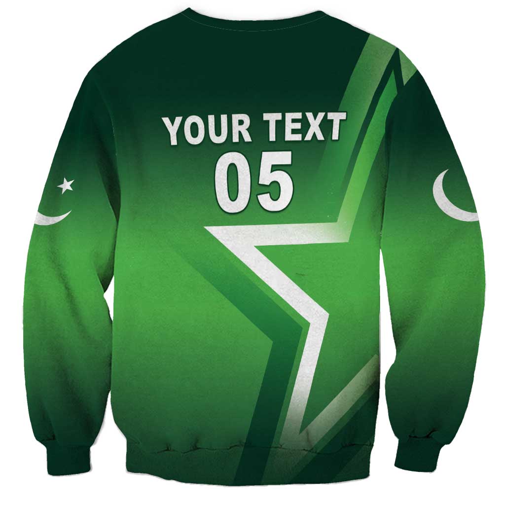 Green unisex sweatshirt back with YOUR TEXT 05, star and crescent sleeve graphics