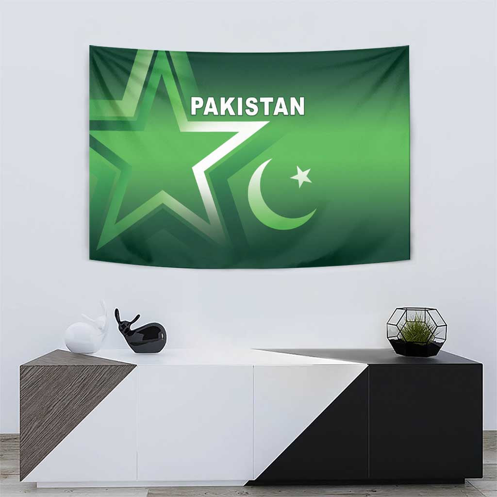 Green Pakistan tapestry featuring star, crescent, and 'PAKISTAN' text