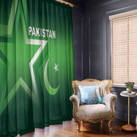 Green Pakistan-themed window curtain with white Pakistan text and crescent star emblem