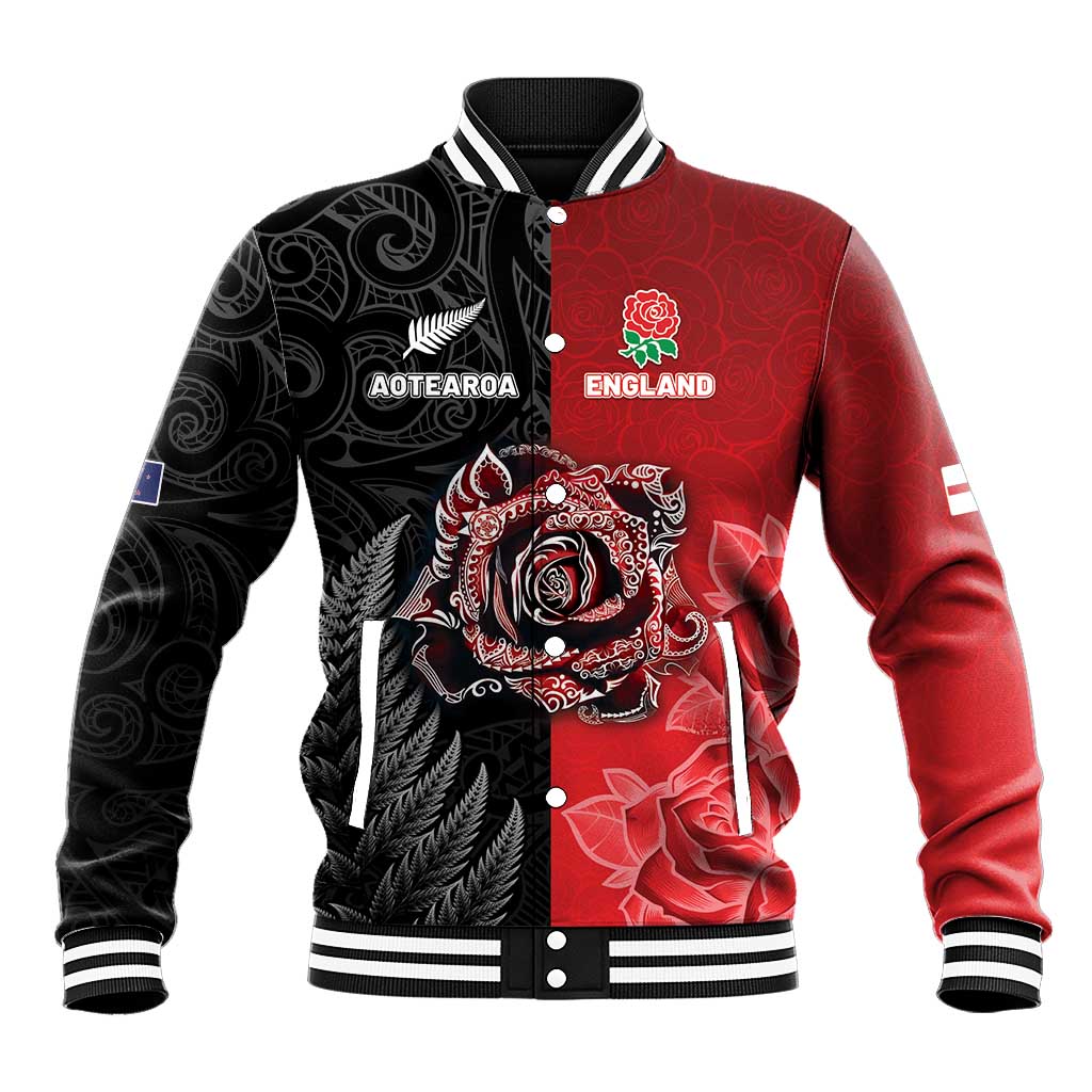New Zealand And England Rugby Custom Baseball Jacket Red Rose Mix Maori Pattern - Wonder Print Shop