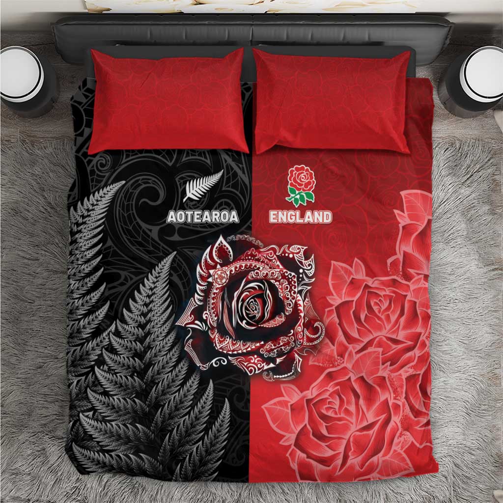 New Zealand And England Rugby Bedding Set Red Rose Mix Maori Pattern - Wonder Print Shop
