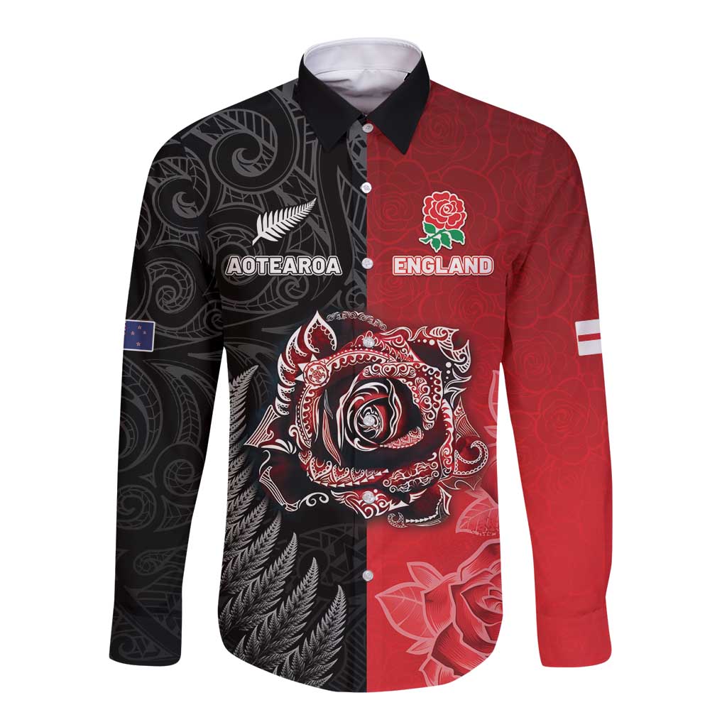 New Zealand And England Rugby Custom Long Sleeve Button Shirt Red Rose Mix Maori Pattern - Wonder Print Shop