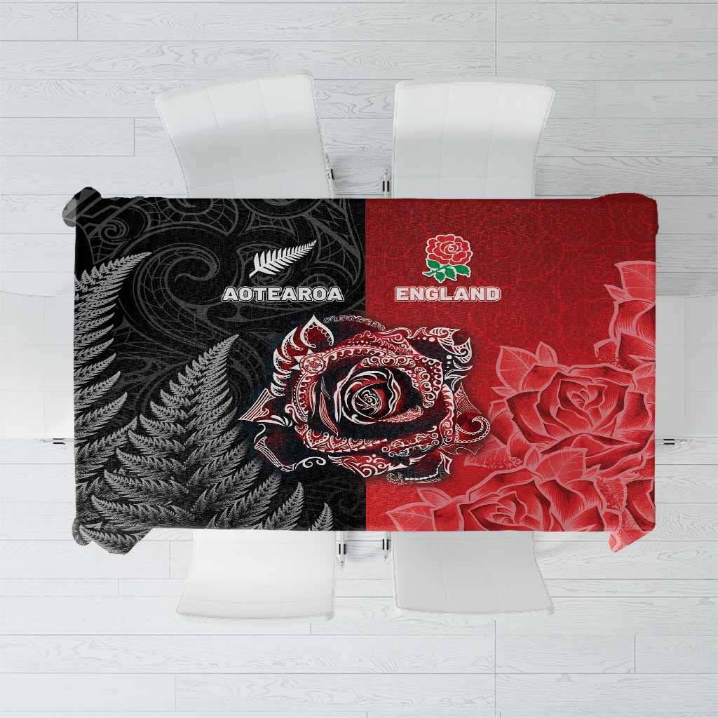 New Zealand And England Rugby Tablecloth Red Rose Mix Maori Pattern - Wonder Print Shop