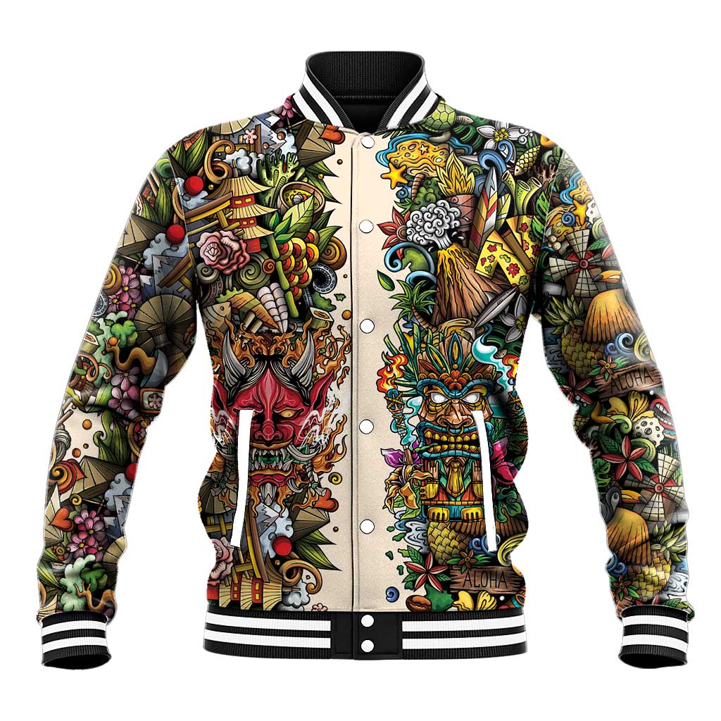Hawaii And Japan Baseball Jacket Tiki With Oni Mask - Wonder Print Shop
