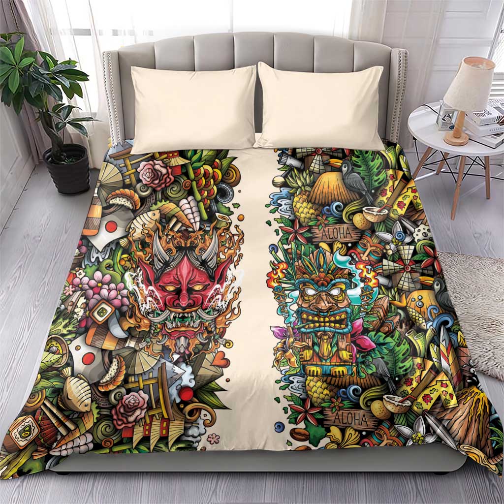 Hawaii And Japan Bedding Set Tiki With Oni Mask - Wonder Print Shop
