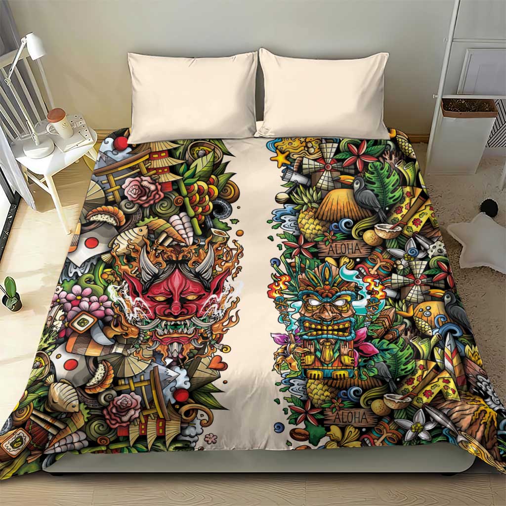 Hawaii And Japan Bedding Set Tiki With Oni Mask - Wonder Print Shop