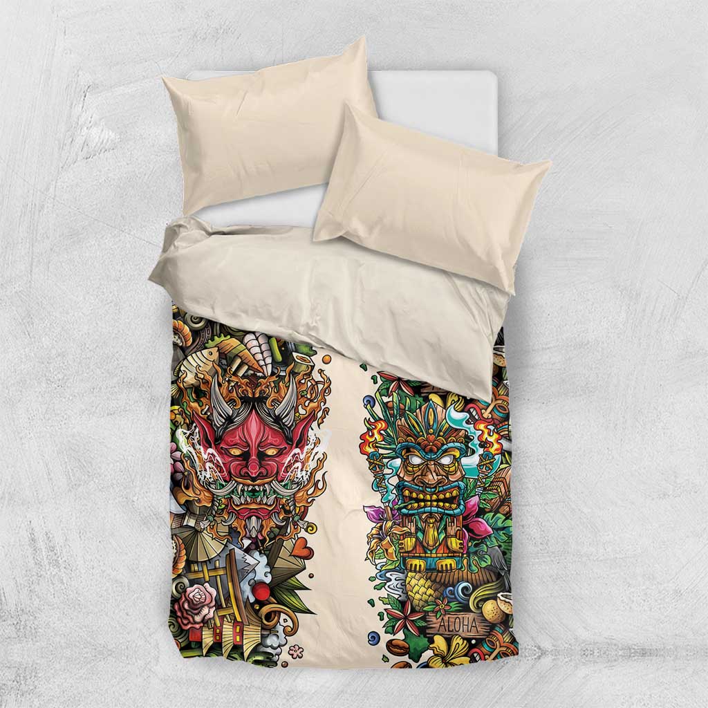 Hawaii And Japan Bedding Set Tiki With Oni Mask - Wonder Print Shop