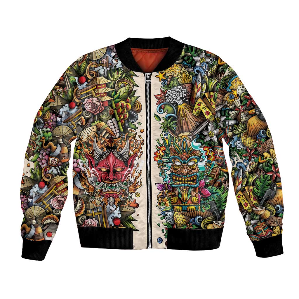 Hawaii And Japan Bomber Jacket Tiki With Oni Mask - Wonder Print Shop