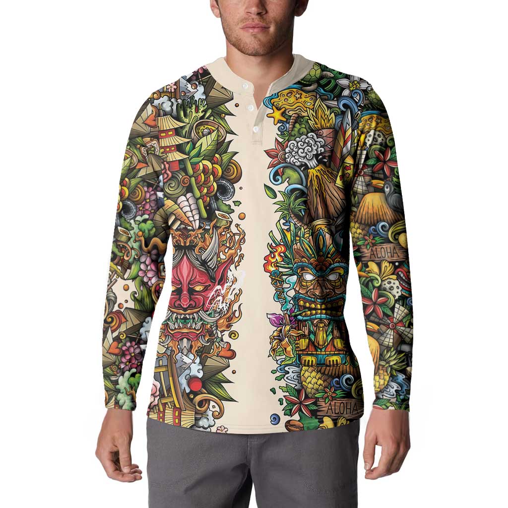 Hawaii And Japan Button Sweatshirt Tiki With Oni Mask - Wonder Print Shop