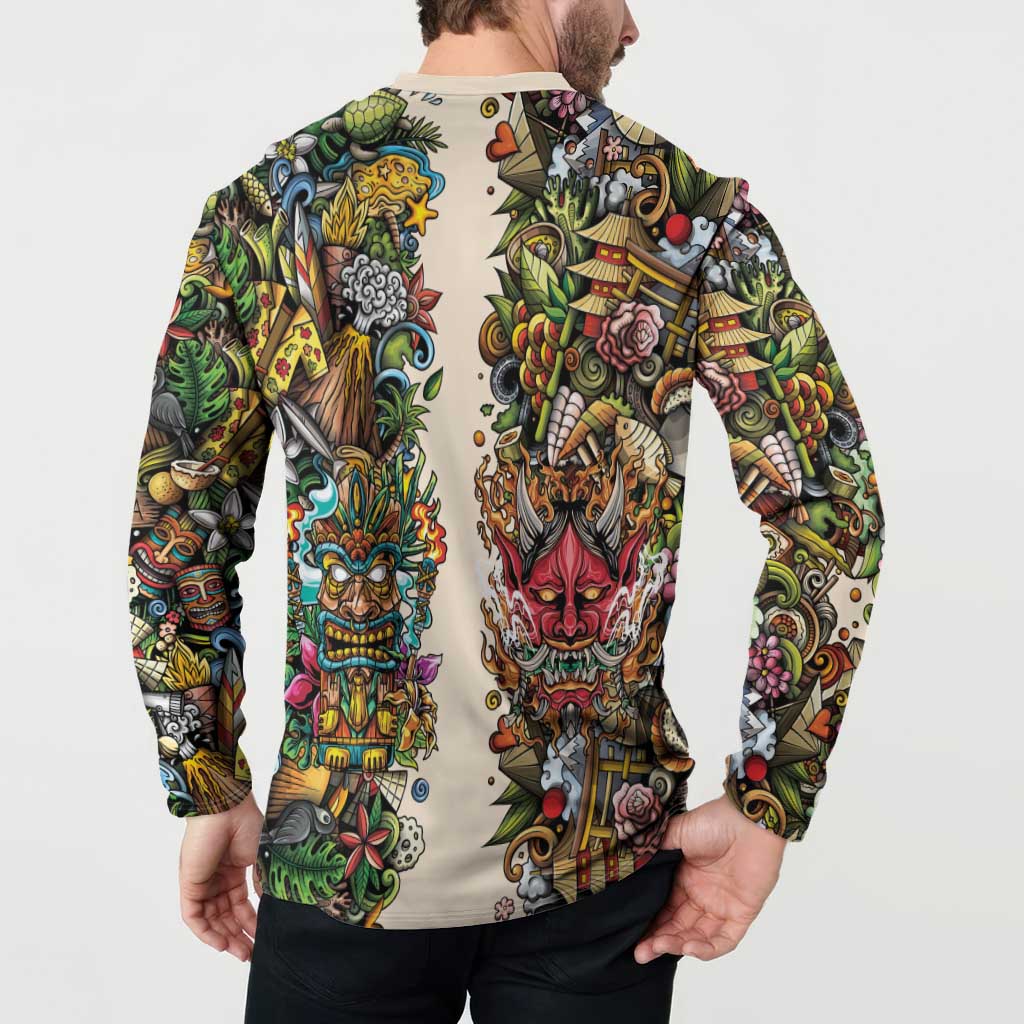 Hawaii And Japan Button Sweatshirt Tiki With Oni Mask - Wonder Print Shop