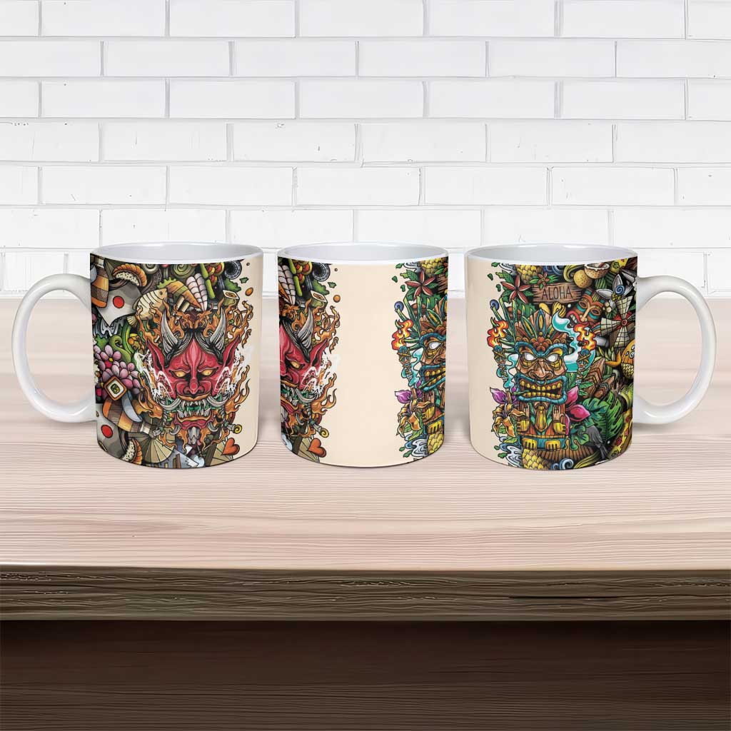 Hawaii And Japan Ceramic Mug Tiki With Oni Mask - Wonder Print Shop