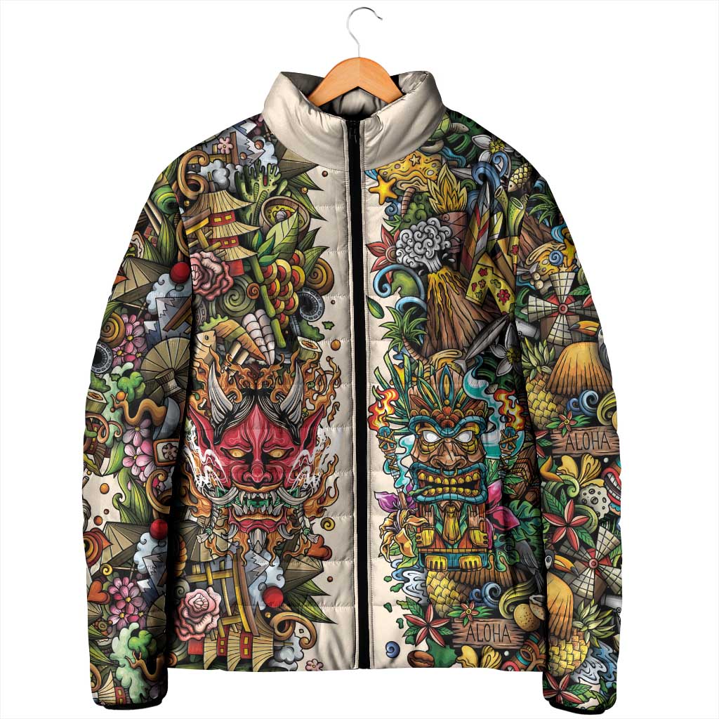 Hawaii And Japan Padded Jacket Tiki With Oni Mask - Wonder Print Shop