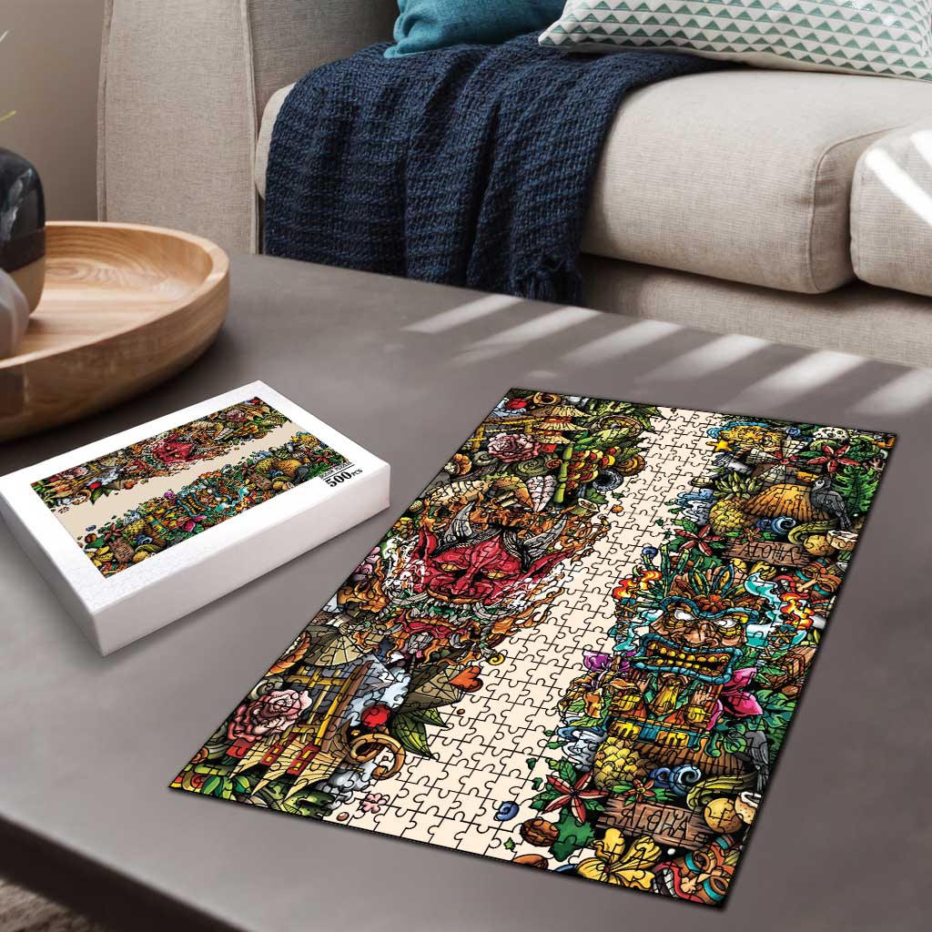 Hawaii And Japan Puzzle Tiki With Oni Mask - Wonder Print Shop