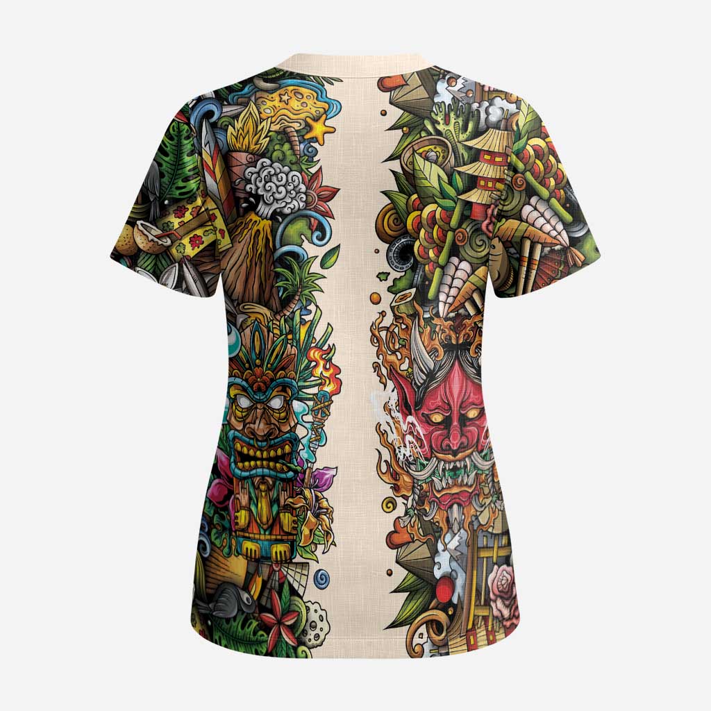 Hawaii And Japan Scrub Top Tiki With Oni Mask - Wonder Print Shop