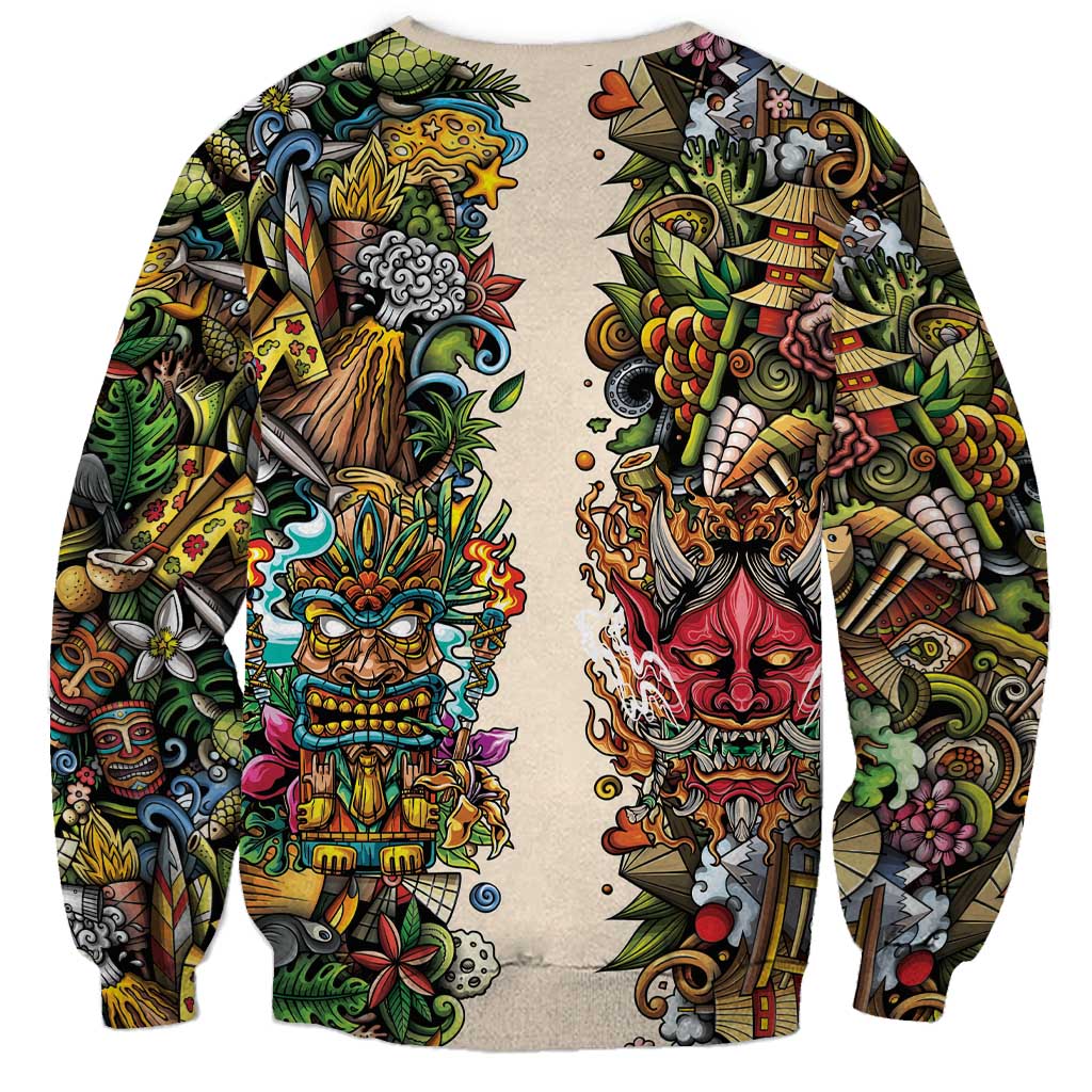Hawaii And Japan Sweatshirt Tiki With Oni Mask - Wonder Print Shop