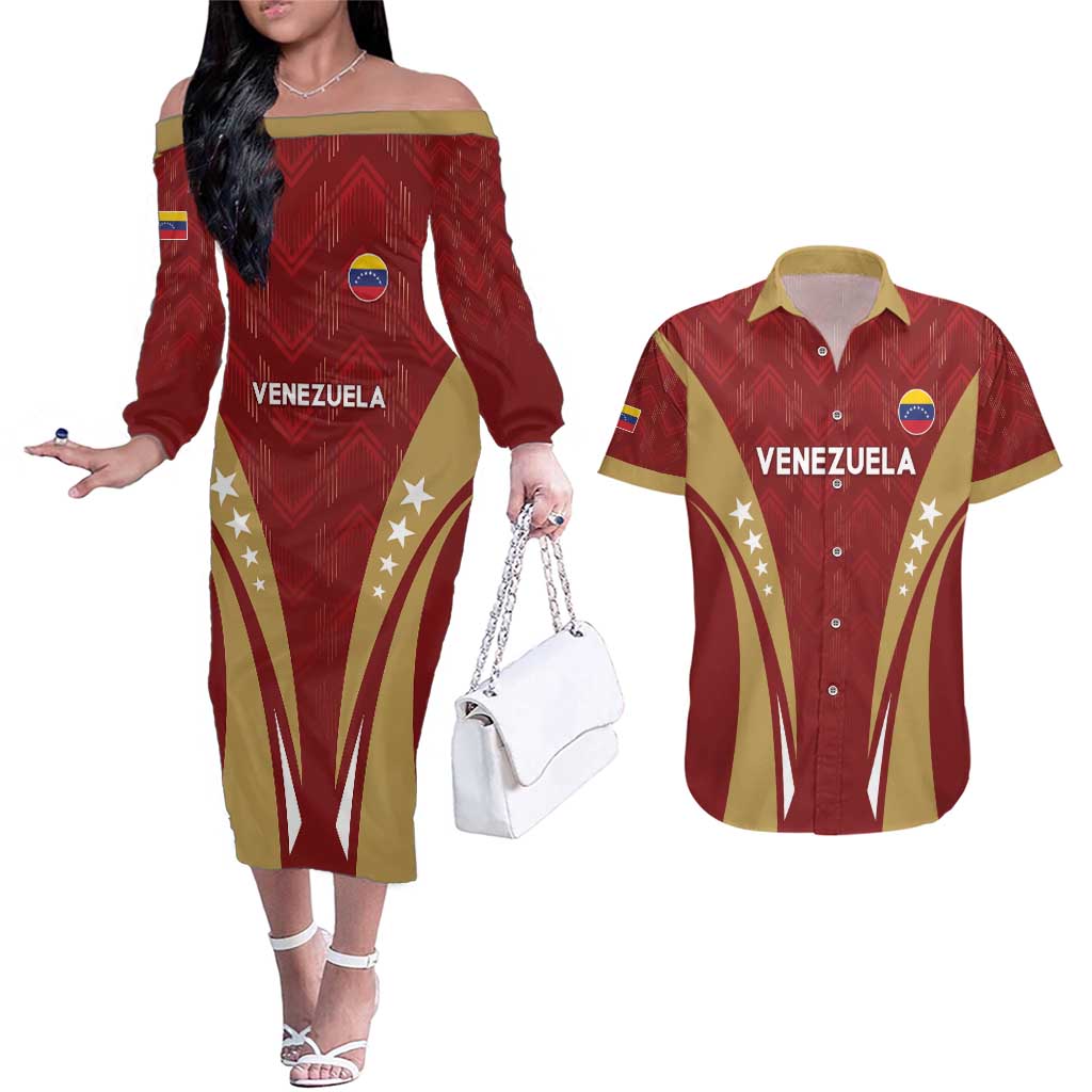 Custom Venezuela Football Couples Matching Off The Shoulder Long Sleeve Dress and Hawaiian Shirt Go Champions