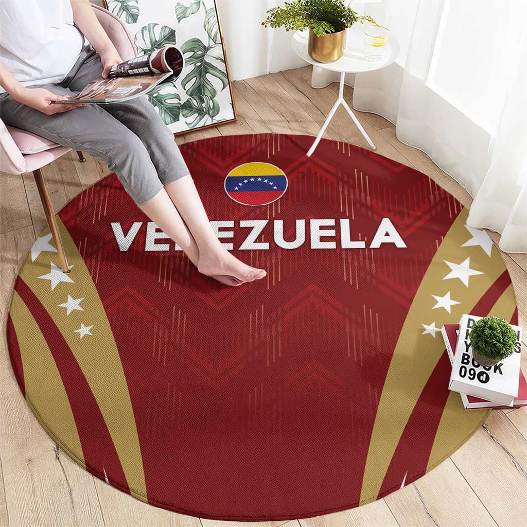 Red round football carpet featuring large VENEZUELA lettering and flag emblem