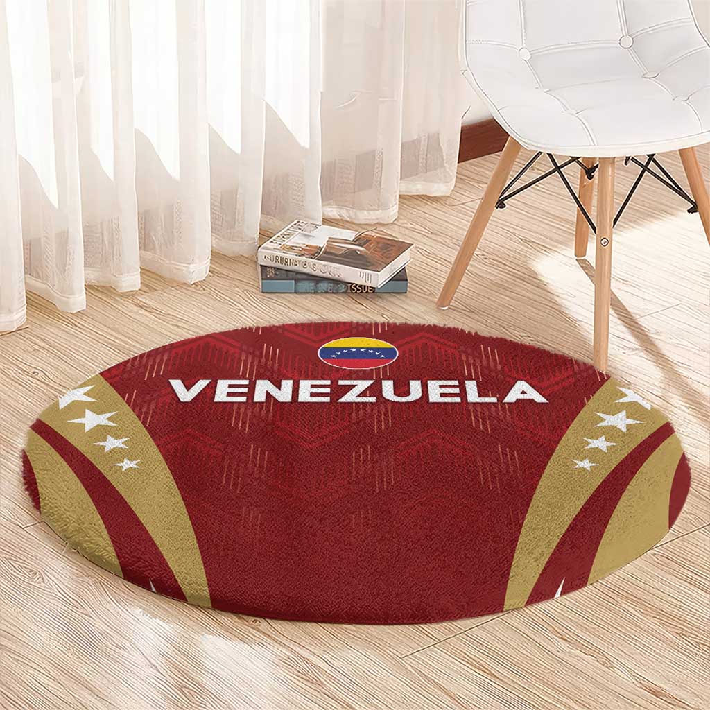 Red round football carpet with VENEZUELA text and gold stripe star design