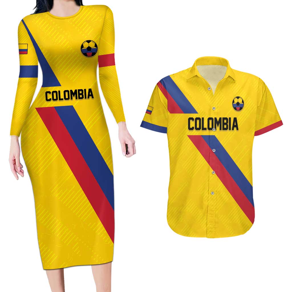 Custom Colombia Football Couples Matching Long Sleeve Bodycon Dress and Hawaiian Shirt Vamos La Tricolor Retro Style