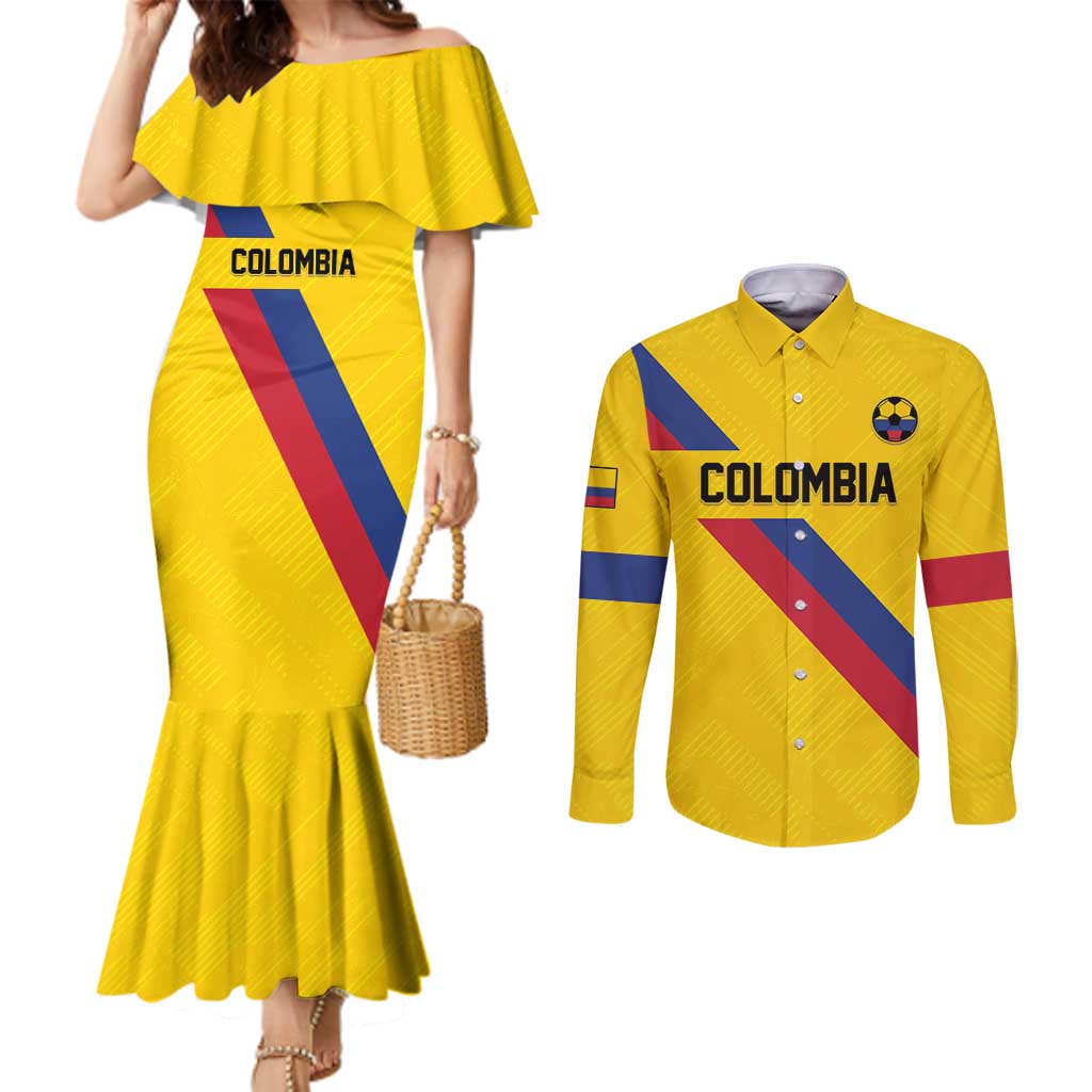 Custom Colombia Football Couples Matching Mermaid Dress and Long Sleeve Button Shirt Vamos La Tricolor Retro Style