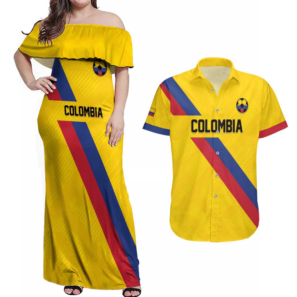 Custom Colombia Football Couples Matching Off Shoulder Maxi Dress and Hawaiian Shirt Vamos La Tricolor Retro Style