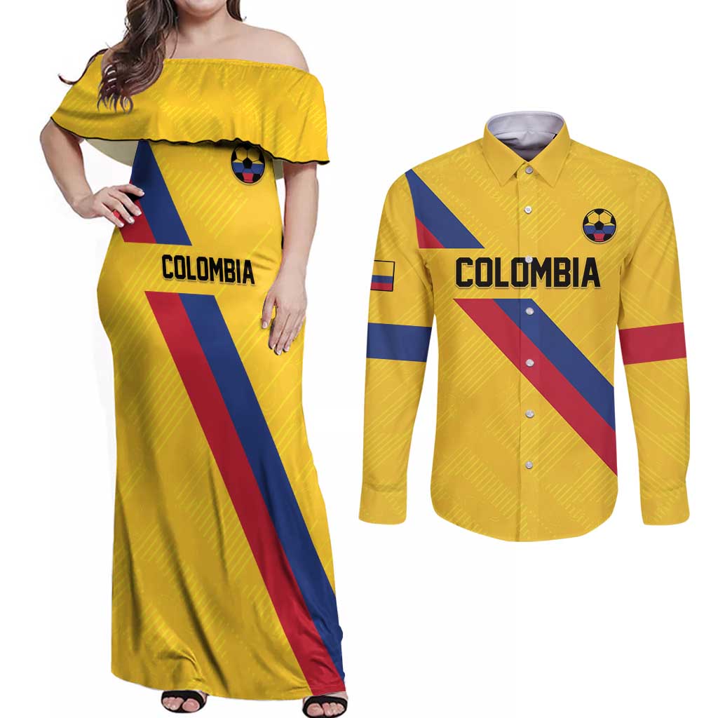 Custom Colombia Football Couples Matching Off Shoulder Maxi Dress and Long Sleeve Button Shirt Vamos La Tricolor Retro Style